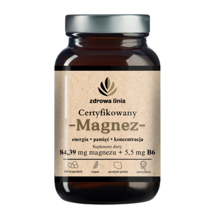 Certyfikowany Magnez + witamina B6 - 100 kapsułek