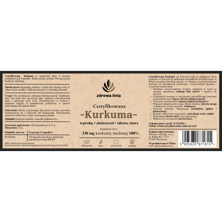 Certyfikowana Kurkuma 330 mg 100 kapsułek