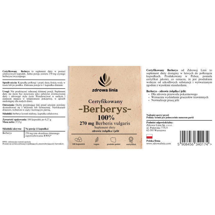 Berberys Certyfikowany Berberis 100% berberysu w kapsułce 100 szt.