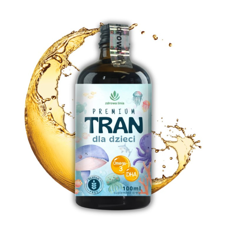 Premium Tran dla dzieci 100 ml olej z wątroby dorsza DHA Omega3 źródło D3 i wit A