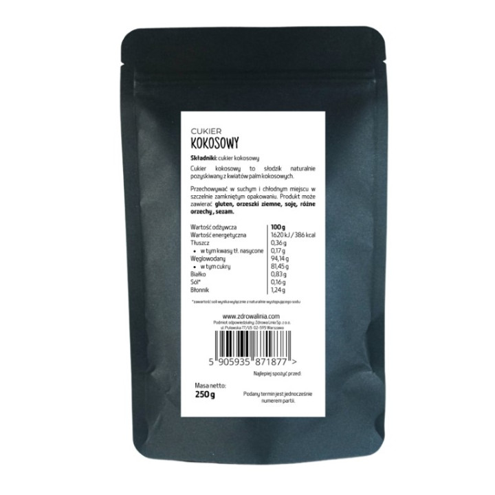 Cukier kokosowy naturalny 250 g zdrowy zamiennik cukru niskie IG 100 % natural
