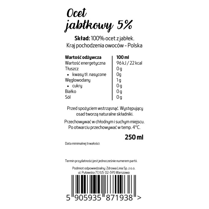 Ocet jabłkowy 5% niepasteryzowany żywy 100 % naturalny