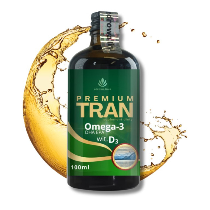 Premium Tran z wątroby dorsza Omega 3 DHA EPA wit D3 i A 100 ml