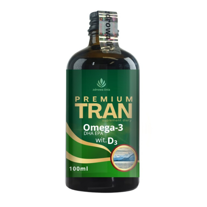 Premium Tran z wątroby dorsza Omega 3 DHA EPA wit D3 i A 100 ml