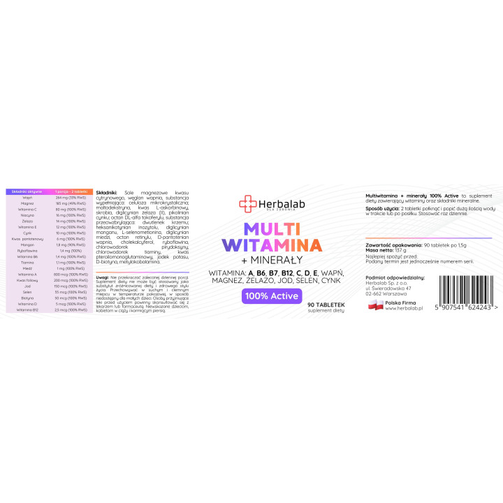 MultiWitamina kompleks wit. A B6 B7 B12 C D E MAGNEZ JOD ŻELAZO SELEN CYNK