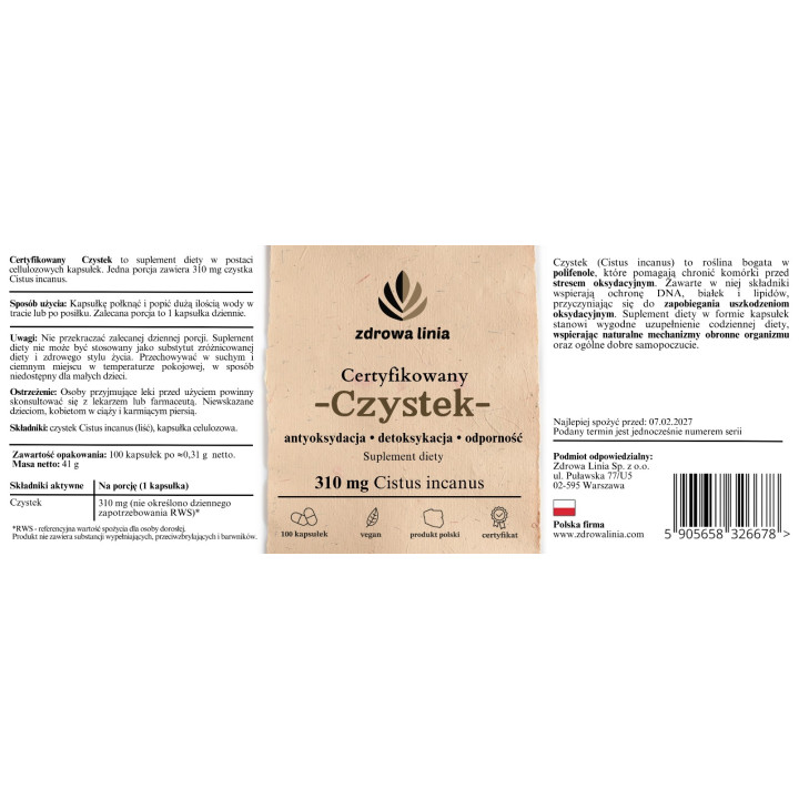 Certyfikowany Czystek 310 mg Zdrowa Linia odporność detoks