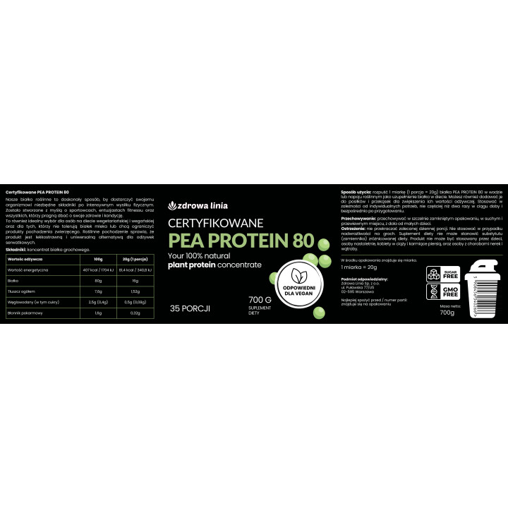 Białko 80% PEA PROTEIN 700g BIAŁKO Z GROCHU WEGAŃSKIE VEGE + miarka GRATIS